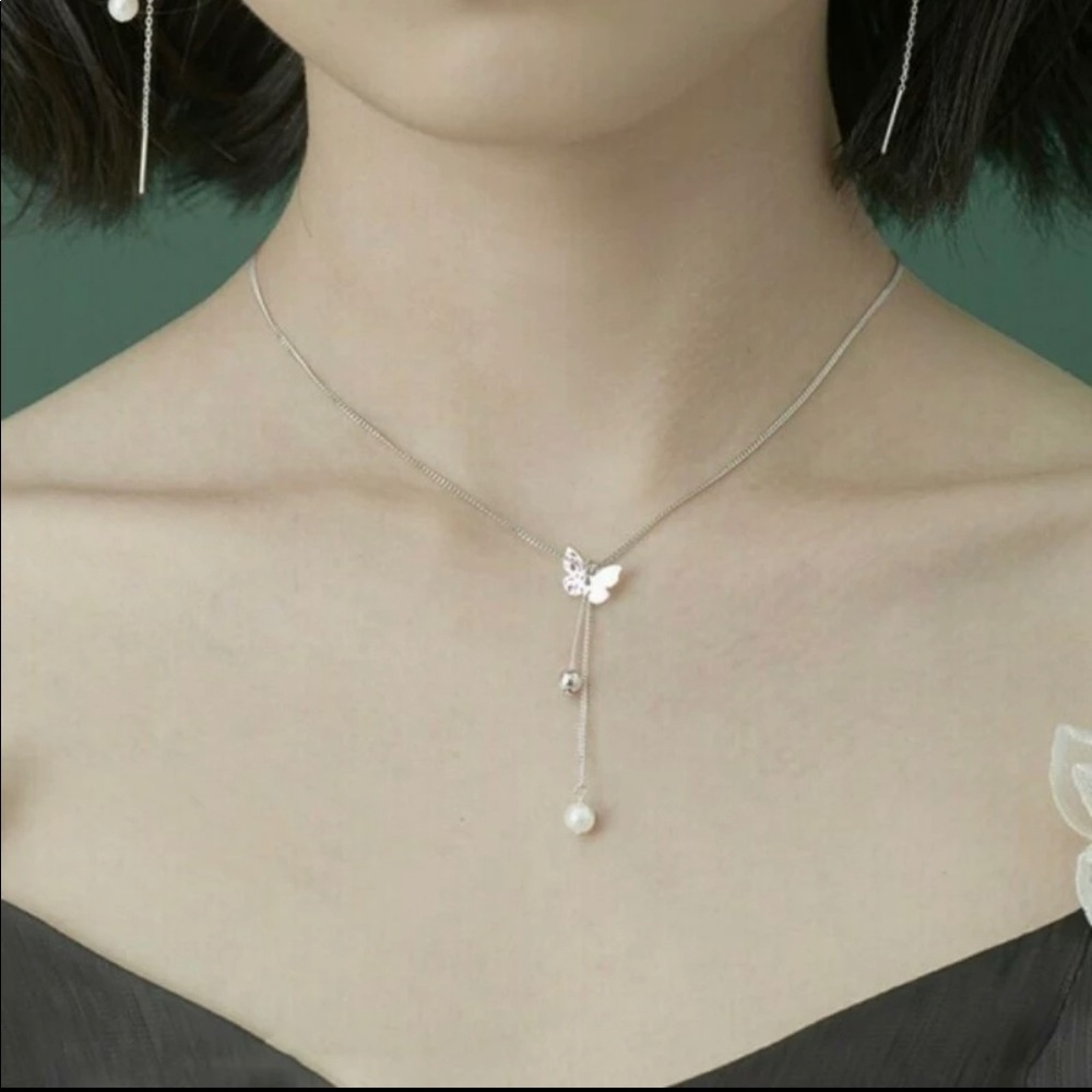 New 925 Sterling Silver, Chain, Elegant, Butterfly and pearl 42cm Necklace